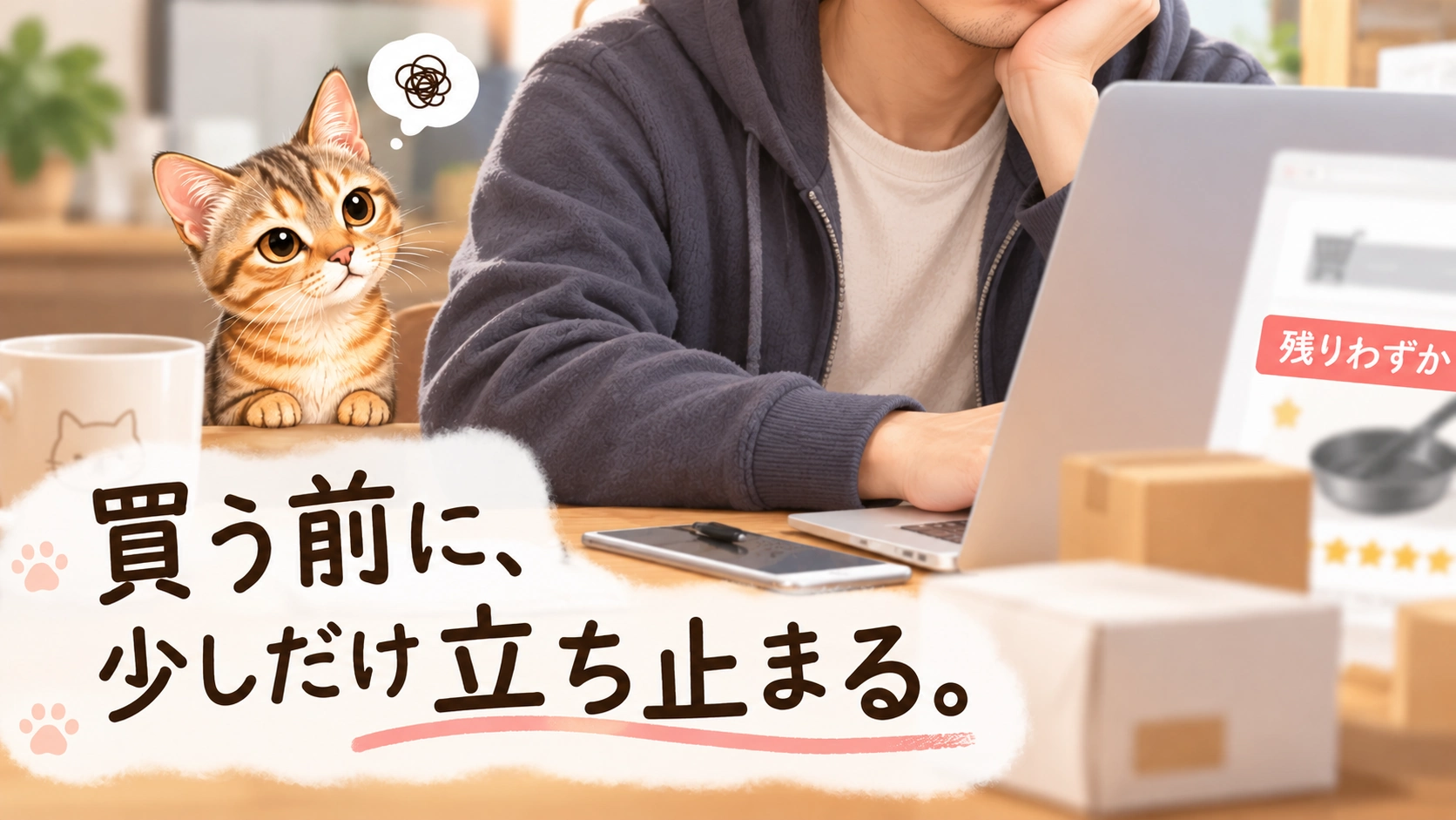 買い物をする飼い主を後ろから見つめるニコ太郎